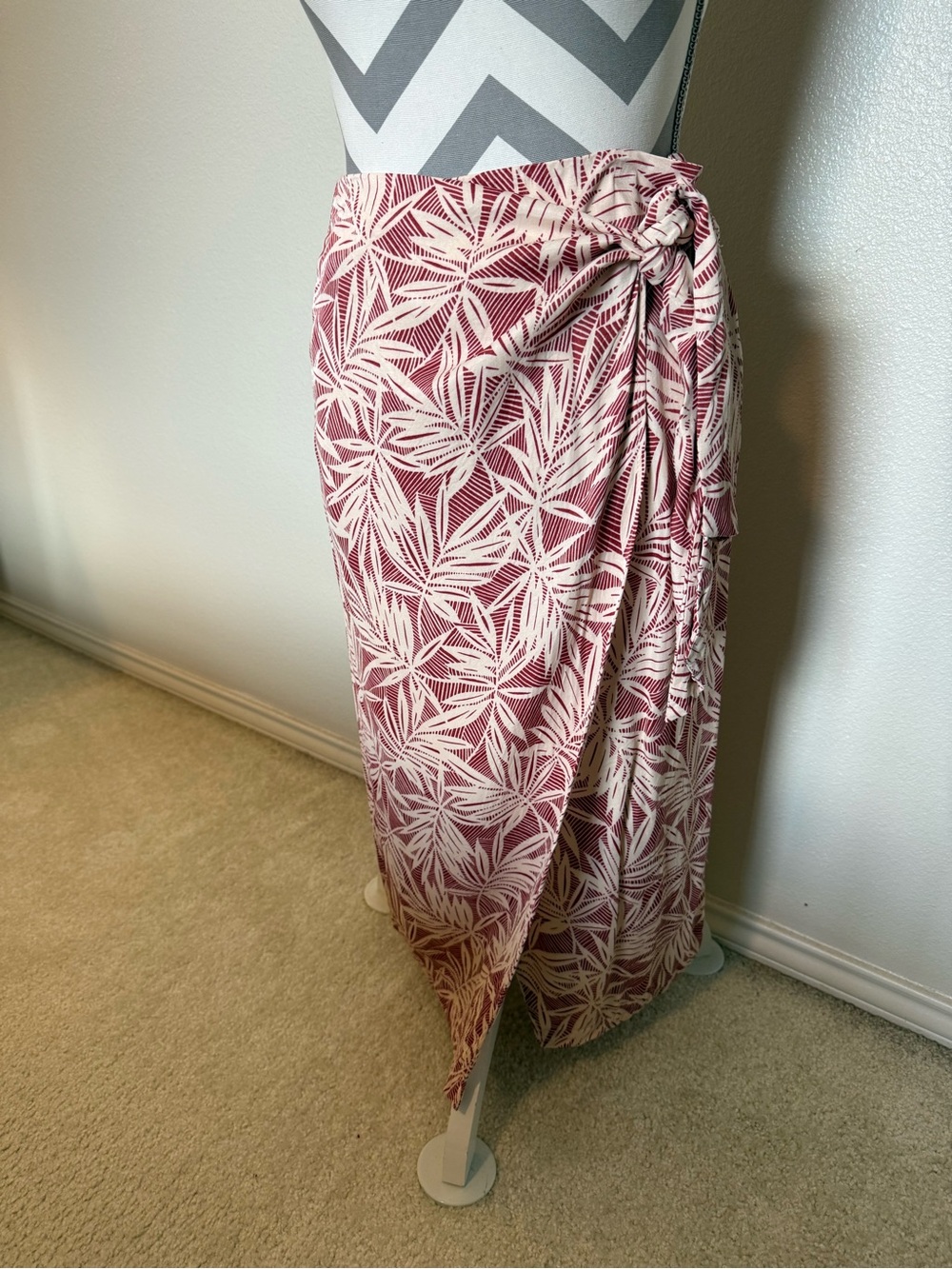 Anthropologie Red and Cream Leaf-Print Wrap Midi Skirt